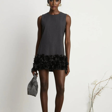 Antonietta Mini Dress in Medium Grey Wool Terylene Feather Trim Crystal Buttons Thigh Length