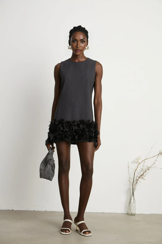 Antonietta Mini Dress in Medium Grey Wool Terylene Feather Trim Crystal Buttons Thigh Length