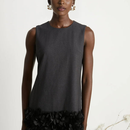 Antonietta Mini Dress in Medium Grey Wool Terylene Feather Trim Crystal Buttons