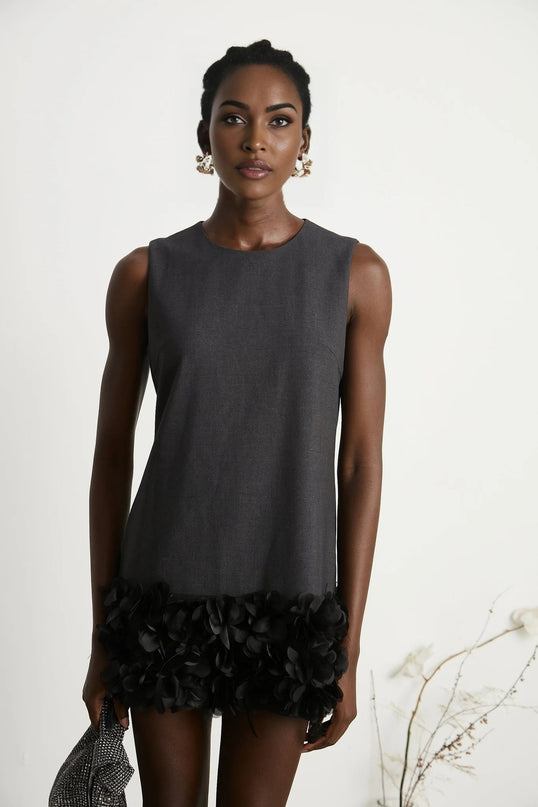 Antonietta Mini Dress in Medium Grey Wool Terylene Feather Trim Crystal Buttons
