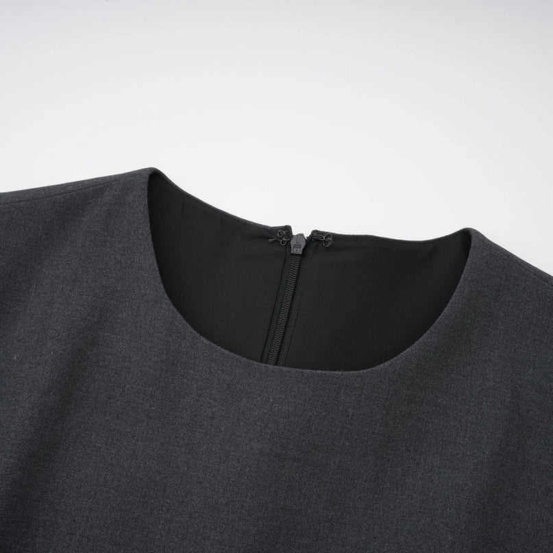 Antonietta Mini Dress in Medium Grey Wool Terylene Feather Trim Crystal Buttons