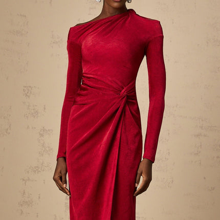 Antonietta Red One-Shoulder Midi Dress with High Slit and Cut-Out Design