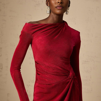 Antonietta Red One-Shoulder Midi Dress with High Slit and Long Sleeves