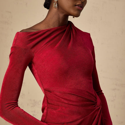 Antonietta Red One-Shoulder Midi Dress with High Slit and Cut-Out Design