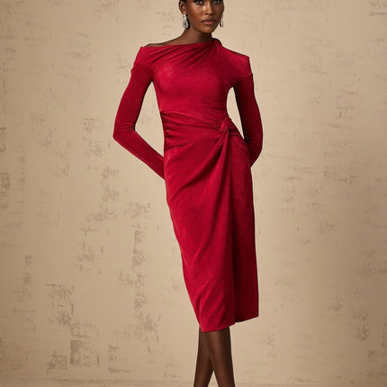 Antonietta Red One-Shoulder Midi Dress with High Slit and Cut-Out Design