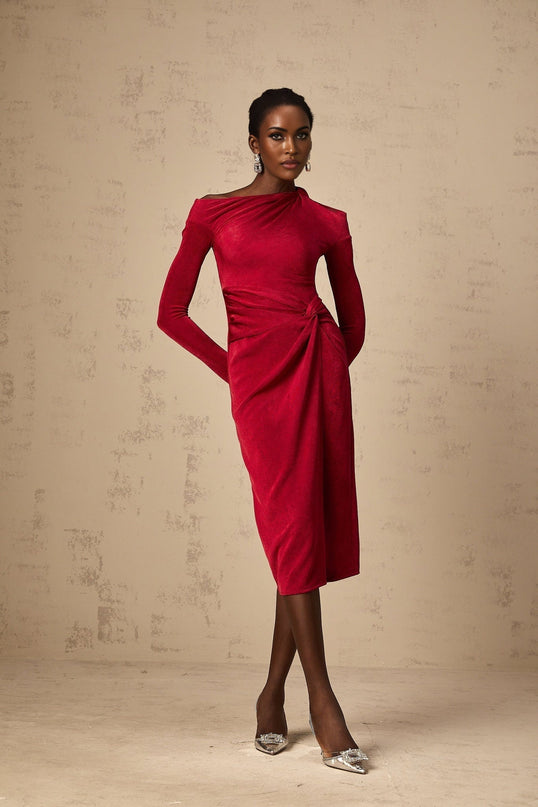 Antonietta Red One-Shoulder Midi Dress with High Slit and Cut-Out Design