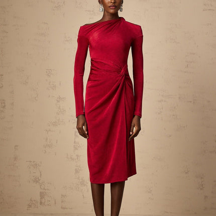 Antonietta Red One-Shoulder Midi Dress with High Slit and Cut-Out Design