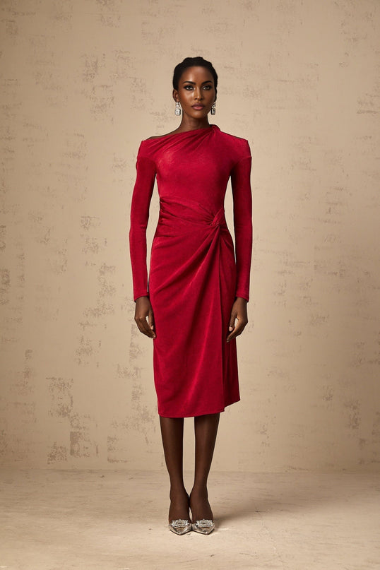Antonietta Red One-Shoulder Midi Dress with High Slit and Cut-Out Design