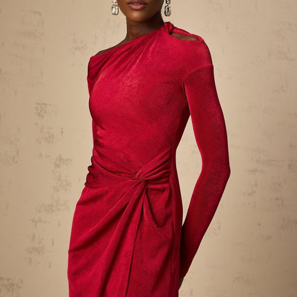 Antonietta Red One-Shoulder Midi Dress with High Slit and Cut-Out Design
