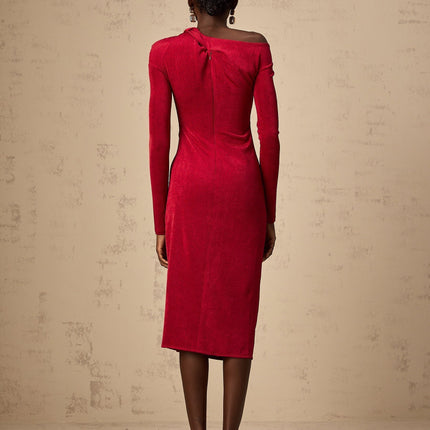 Antonietta Red One-Shoulder Midi Dress with High Slit and Cut-Out Design