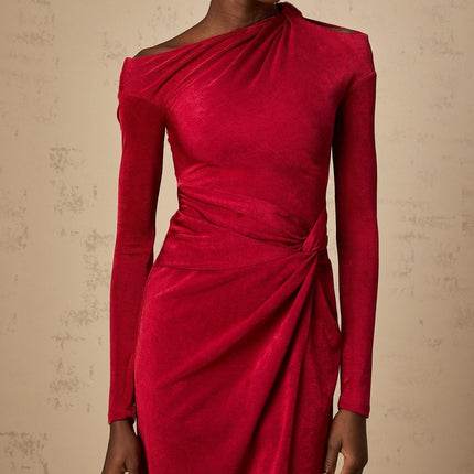 Antonietta Red One-Shoulder Midi Dress with High Slit and Cut-Out Design
