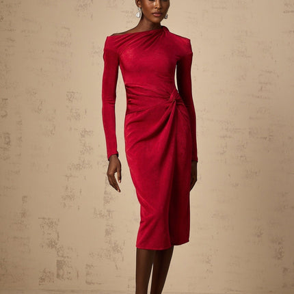 Antonietta Red One Shoulder Midi Dress with High Slit and Cut-Out Design