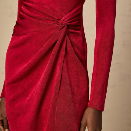 Antonietta Red One-Shoulder Midi Dress with High Slit and Cut-Out Design
