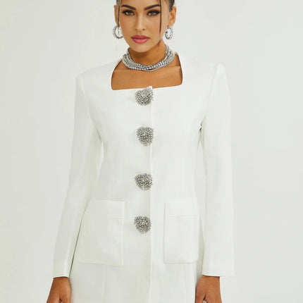 Antonietta White Mini Dress Long Sleeve Square Neck Button Detailing