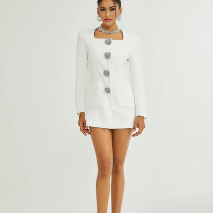 Antonietta White Mini Dress Square Neck Long Sleeve Button Detail Spandex Polyamide Fiber Straight Hem Front Press-Stud Fastening Elegant Luxury Style