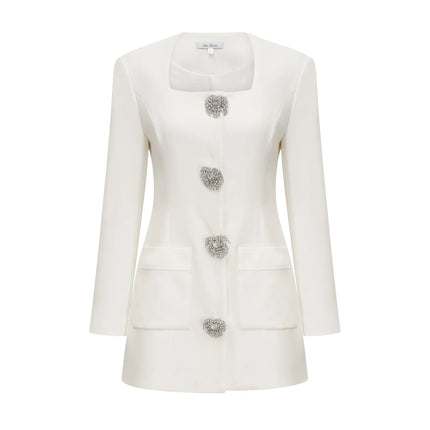 Antonietta White Mini Dress Long Sleeve Square Neck Button Detail Spandex Polyamide Fiber Elegant Sophisticated Luxury Style