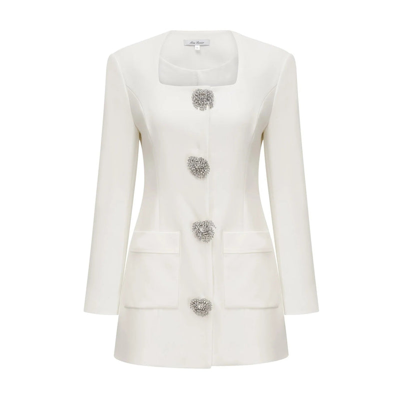 Antonietta White Mini Dress Long Sleeve Square Neck Button Detail Spandex Polyamide Fiber Elegant Sophisticated Luxury Style