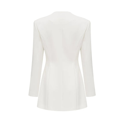 Antonietta White Mini Dress Front Button Long Sleeve Square Neck Straight Hem Press-Stud Fastening Polyamide Spandex Luxury Style