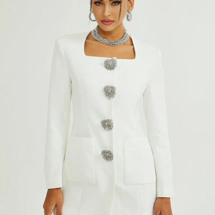Antonietta White Mini Dress with Front Button Detailing and Long Sleeves
