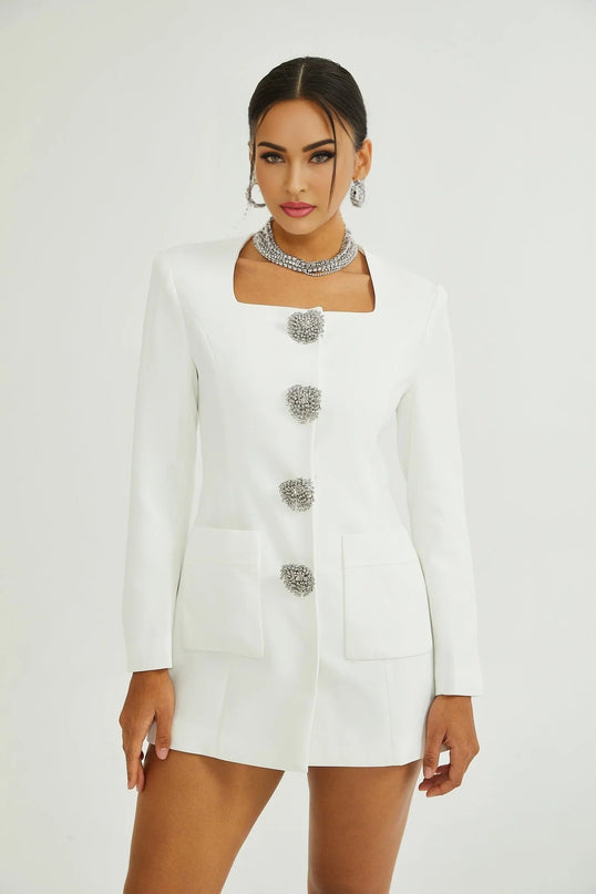 Antonietta White Mini Dress with Front Button Detailing and Long Sleeves