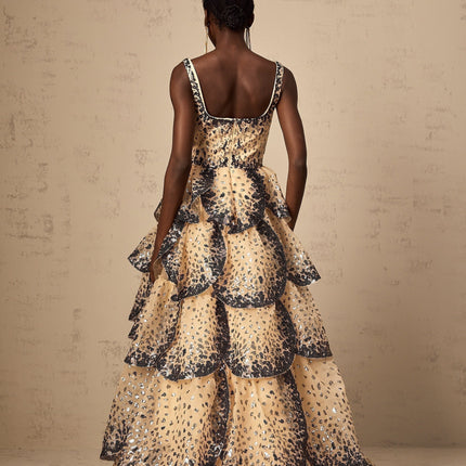 Antonina Neutrals Tiered Petal Maxi Dress Sequin Embellishments Ruffled Detailing Floor-Length Flared Skirt Rear Zip Fastening Luxury Fashion