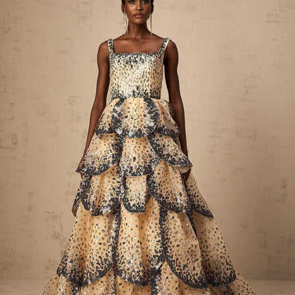 Antonina Neutrals Tiered Petal Maxi Dress Sequin Embellishments Ruffled Detailing Floor-Length Elegant Sleeveless Square Neck Wide Straps Flared Skirt Rear Zip Fastening Luxury Fashion
