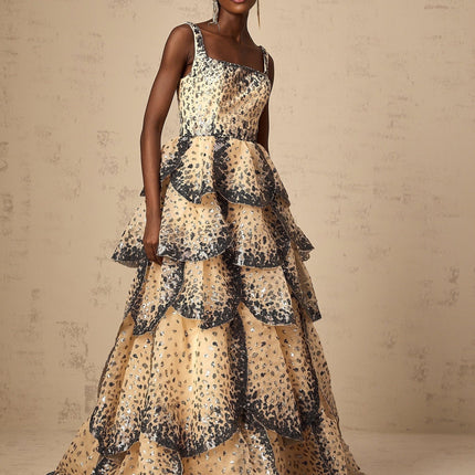 Antonina Neutrals Tiered Petal Maxi Dress Sequin Embellishments Ruffled Detailing Elegant Floor-Length Silhouette Rear Zip Fastening Luxury Fashion