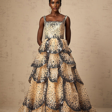 Antonina Neutrals Tiered Petal Maxi Dress Sequin Embellishments Ruffled Details Floor-Length Elegant Square Neck Wide Straps Rear Zip Fastening