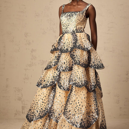 Antonina Neutrals Tiered Petal Maxi Dress Sequin Embellishments Ruffled Detailing Floor-Length Elegant Sophisticated Special Occasions Rear Zip Fastening Luxury Fashion