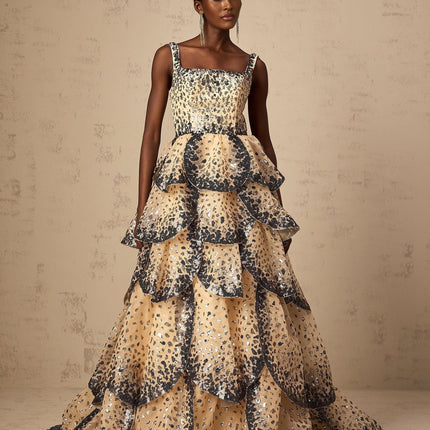 Antonina Neutrals Tiered Petal Maxi Dress Sequin Embellishments Ruffled Detailing Floor Length Skirt Rear Zip Fastening Polyester Nylon Blend