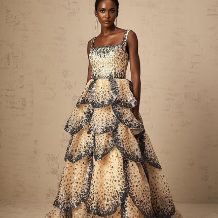Antonina Neutrals Tiered Petal Maxi Dress Square Neck Sequin Embellishments Ruffled Detailing Flared Skirt Floor-Length Special Occasions Rear Zip Fastening Polyester Nylon Blend Modern Luxury Fashion