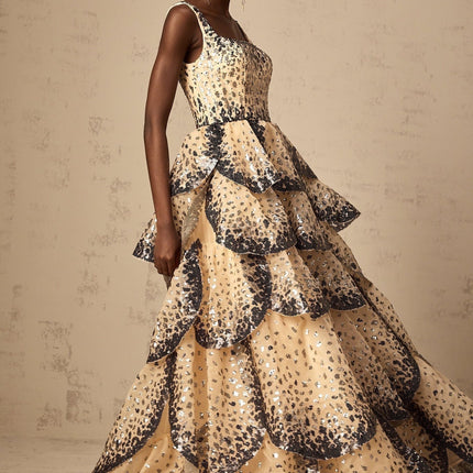 Antonina Neutrals Tiered Petal Maxi Dress Sequin Embellishments Ruffled Detailing Square Neck Wide Straps Floor-Length Flared Skirt Rear Zip Fastening Polyester Nylon Luxury Fashion