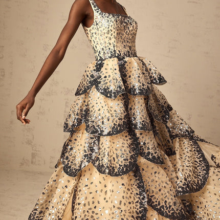 Antonina Neutrals Tiered Petal Maxi Dress Sequin Embellishments Ruffled Detailing Square Neck Wide Straps Floor-Length Flared Skirt Rear Zip Fastening Polyester Nylon Luxury Fashion