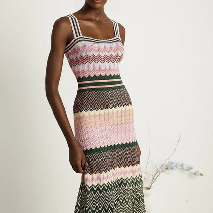 Antonina Pink Midi Dress scoop neckline wide shoulder straps scalloped edge stretch jersey fabric sleeveless timeless modern design classic charm fashion icon