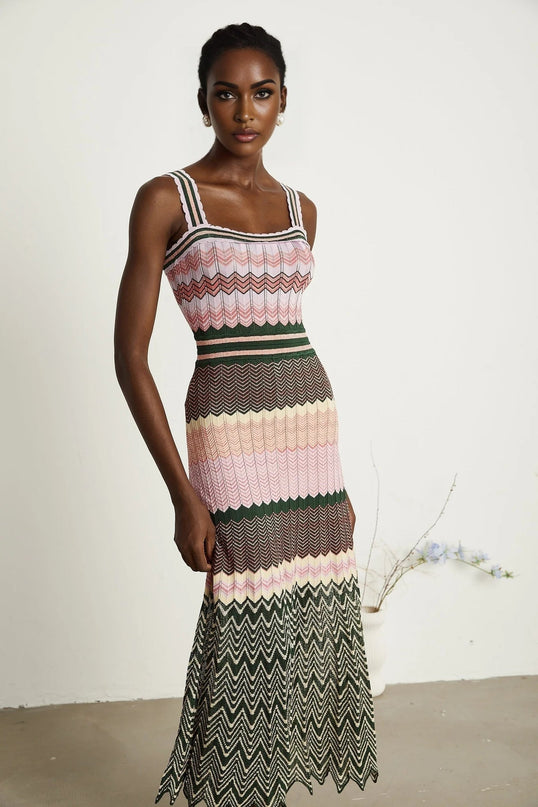 Antonina Pink Midi Dress scoop neckline wide shoulder straps scalloped edge stretch jersey fabric sleeveless timeless modern design classic charm fashion icon