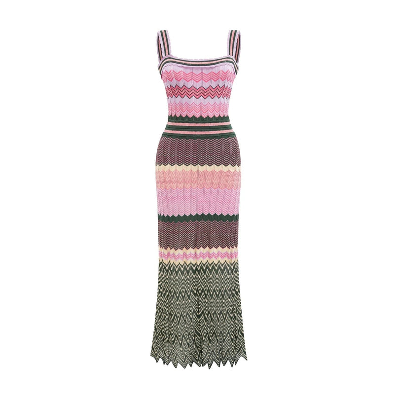 Antonina Pink Scoop Neck Midi Dress with Wide Shoulder Straps and Scalloped Edge in Luxurious Stretch Jersey Fabric
