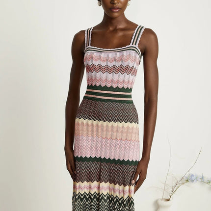 Antonina Pink Midi Dress with Scoop Neckline and Scalloped Edge in Luxurious Stretch Jersey Fabric