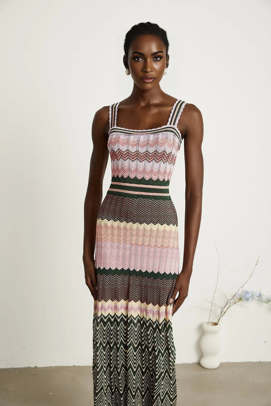 Antonina Pink Midi Dress with Scoop Neckline and Scalloped Edge in Luxurious Stretch Jersey Fabric