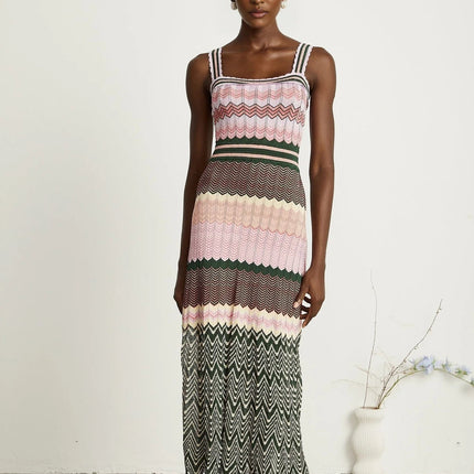 Antonina Pink Scoop Neckline Midi Dress with Wide Shoulder Straps and Scalloped Edge in Luxurious Stretch Jersey Fabric