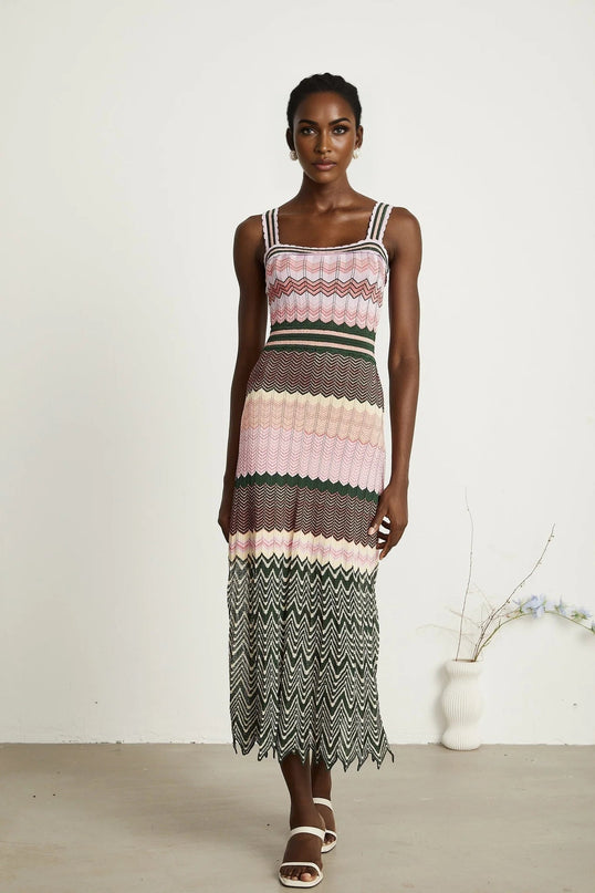Antonina Pink Scoop Neckline Midi Dress with Wide Shoulder Straps and Scalloped Edge in Luxurious Stretch Jersey Fabric