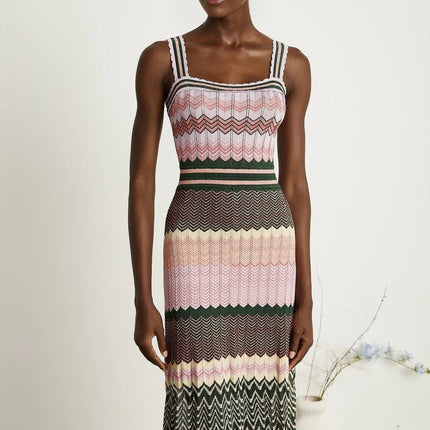 Antonina Pink Scoop Neckline Midi Dress with Wide Shoulder Straps and Scalloped Edge in Luxurious Stretch Jersey Fabric