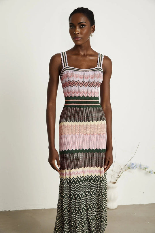Antonina Pink Scoop Neckline Midi Dress with Wide Shoulder Straps and Scalloped Edge in Luxurious Stretch Jersey Fabric