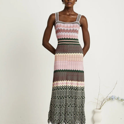 Antonina Pink Scoop Neck Midi Dress with Wide Shoulder Straps and Scalloped Edge in Luxurious Stretch Jersey Fabric