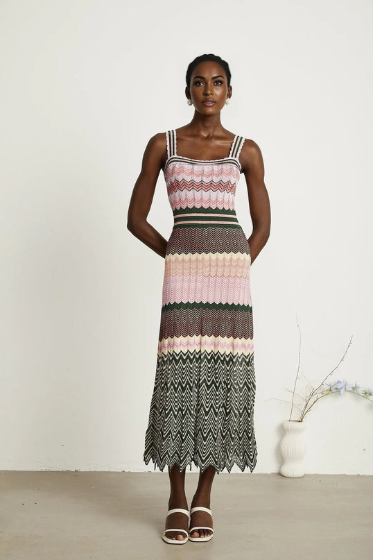 Antonina Pink Scoop Neck Midi Dress with Wide Shoulder Straps and Scalloped Edge in Luxurious Stretch Jersey Fabric