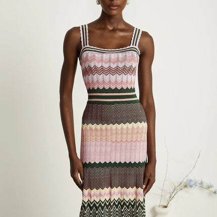 Antonina Pink Scoop Neck Midi Dress with Wide Straps and Scalloped Edge in Luxurious Stretch Jersey Fabric
