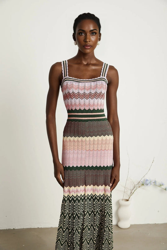 Antonina Pink Scoop Neck Midi Dress with Wide Straps and Scalloped Edge in Luxurious Stretch Jersey Fabric