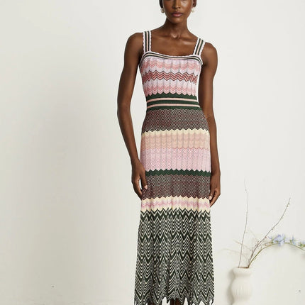 Antonina Pink Midi Dress with Scoop Neckline and Scalloped Edge