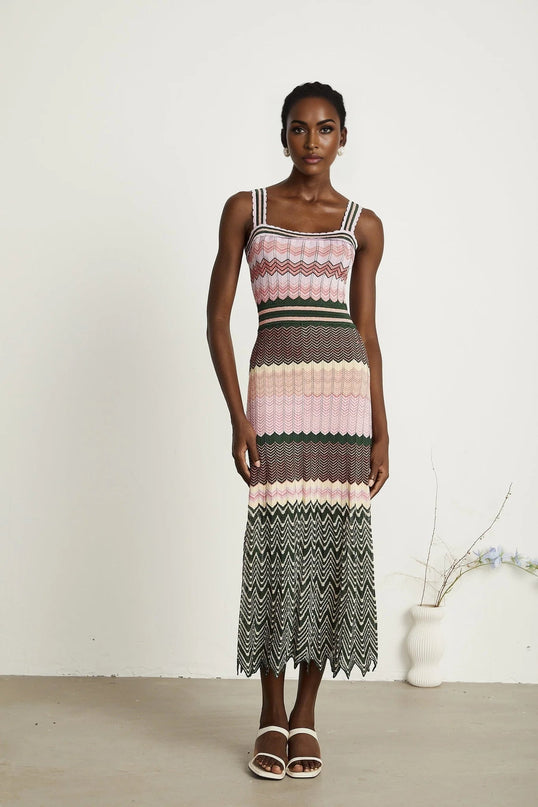Antonina Pink Midi Dress with Scoop Neckline and Scalloped Edge