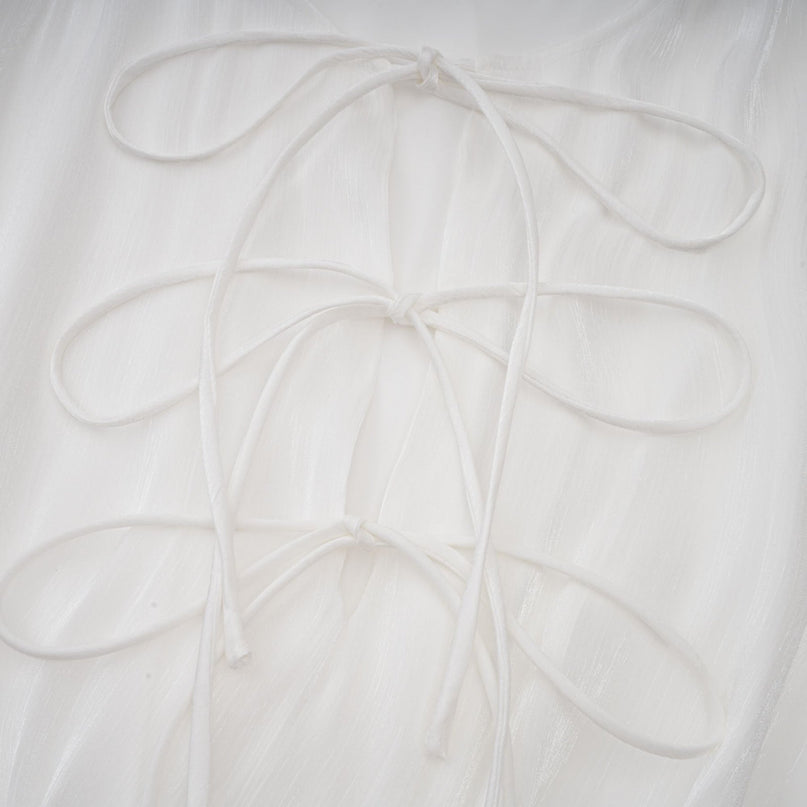 Antonina White Mini Dress Pleated Layered Terylene Fiber Draped Design Balloon Sleeves Glitter Detailing Front Tie Fastening Chic Mini Length