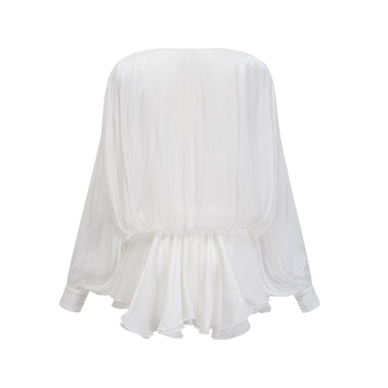 Antonina White Mini Dress Pleated Layered Terylene Fiber Draped Design Balloon Sleeves Glitter Detailing Front Tie Fastening Chic Mini Length Statement Piece Luxury Style